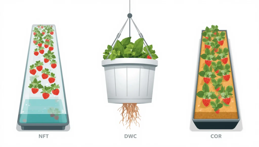 Three hydroponic strawberry systems compared side by side: NFT channel, deep water culture bucket, and coir substrate trough