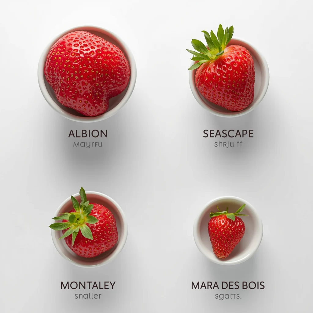 Four best hydroponic strawberry varieties displayed side by side: Albion, Seascape, Monterey, and Mara des Bois