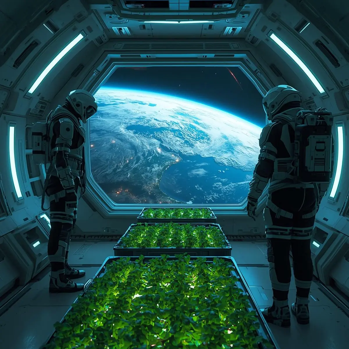 hydroponics in space system growing plants inside space station with LED lights