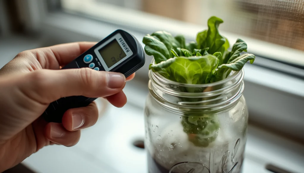 Checking pH levels on a small hydroponic system growing lettuce in a mason jar