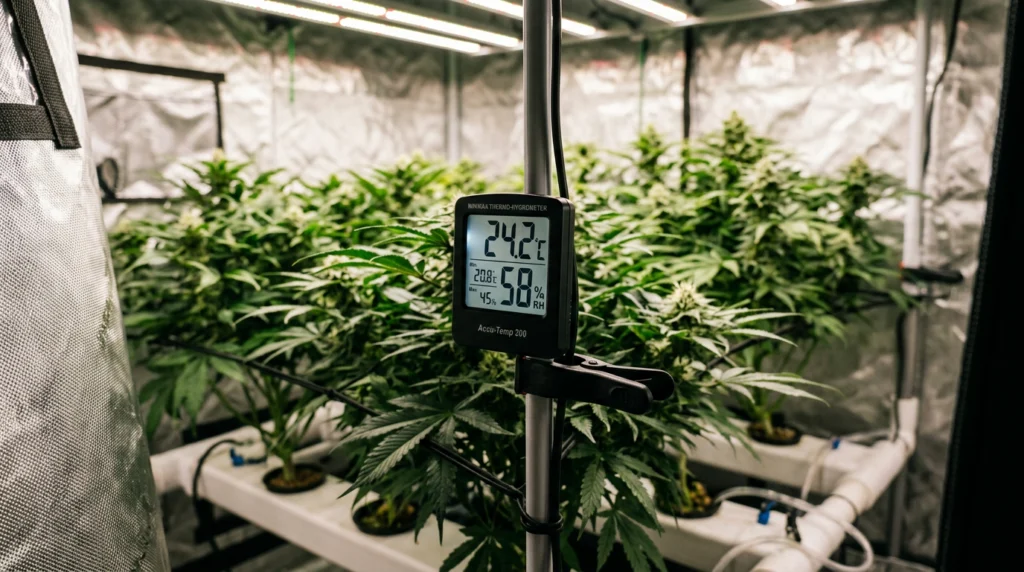 Digital thermo-hygrometer at canopy height inside an indoor grow tent monitoring temperature and humidity for hydroponics