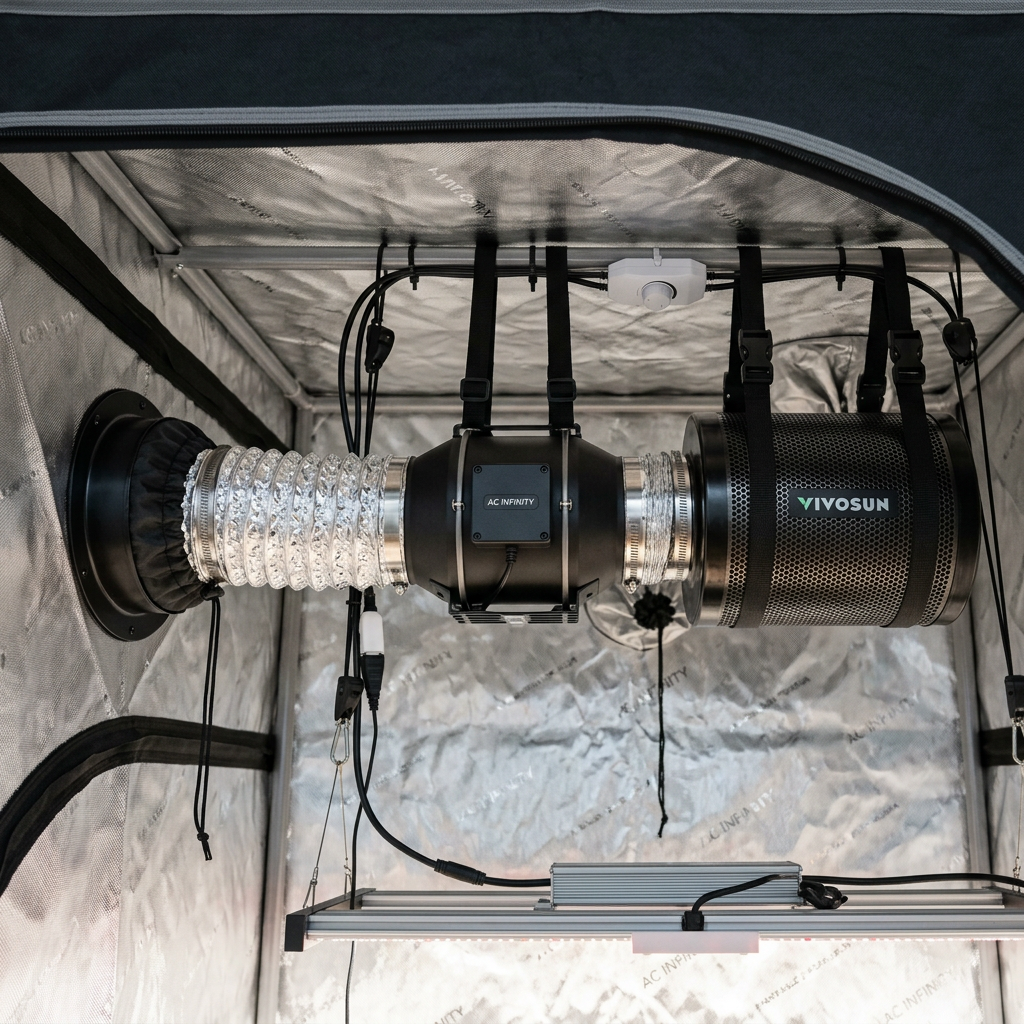 Indoor grow tent ventilation setup showing inline fan carbon filter and ducting connected to exhaust port

