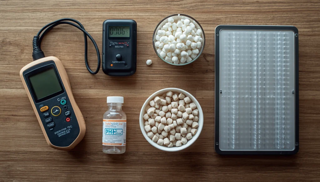 Essential starter gear for a small hydroponic system, including a pH meter and EC meter
