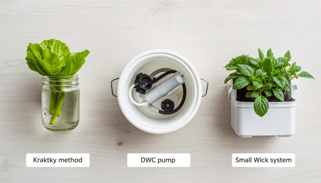 Three types of small hydroponic systems—Kratky, DWC, and wick—compared side by side.