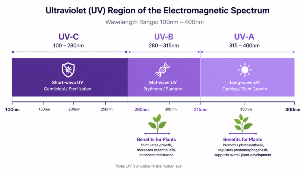 UV-A, UV-B, and UV-C wavelength spectrum chart showing nanometer ranges relevant to UV light for plants