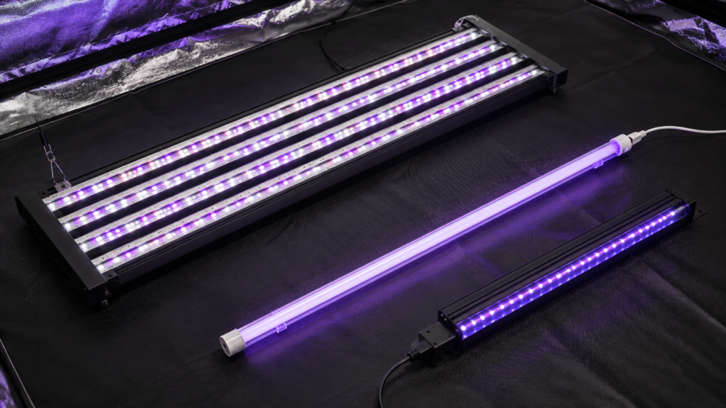 Different types of UV lamp for plants including LED, T5 fluorescent, and supplemental UV-A bars