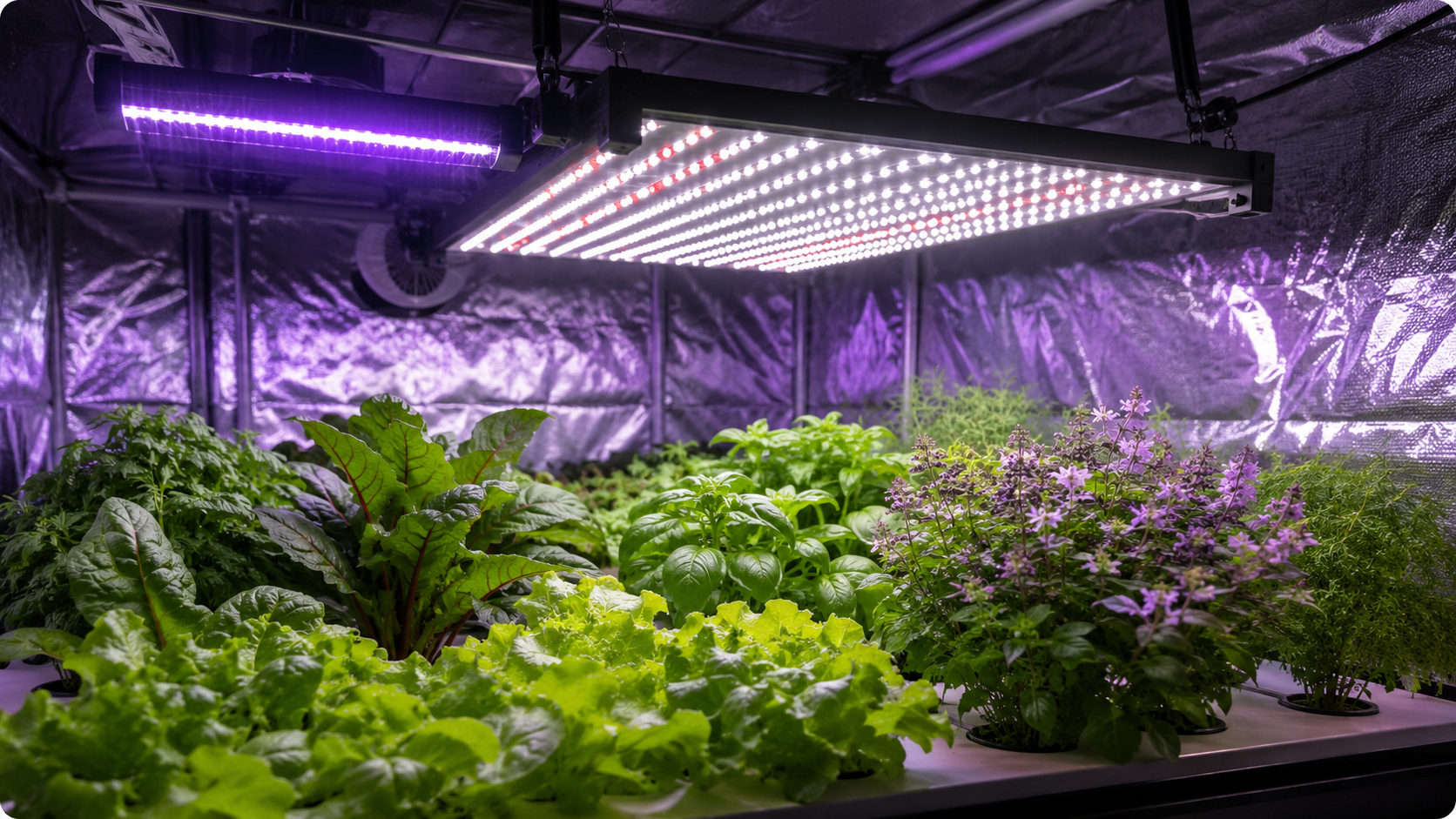 UV light for plants setup in an indoor hydroponic grow tent with full-spectrum LED and UV-A/UV-B supplemental bar