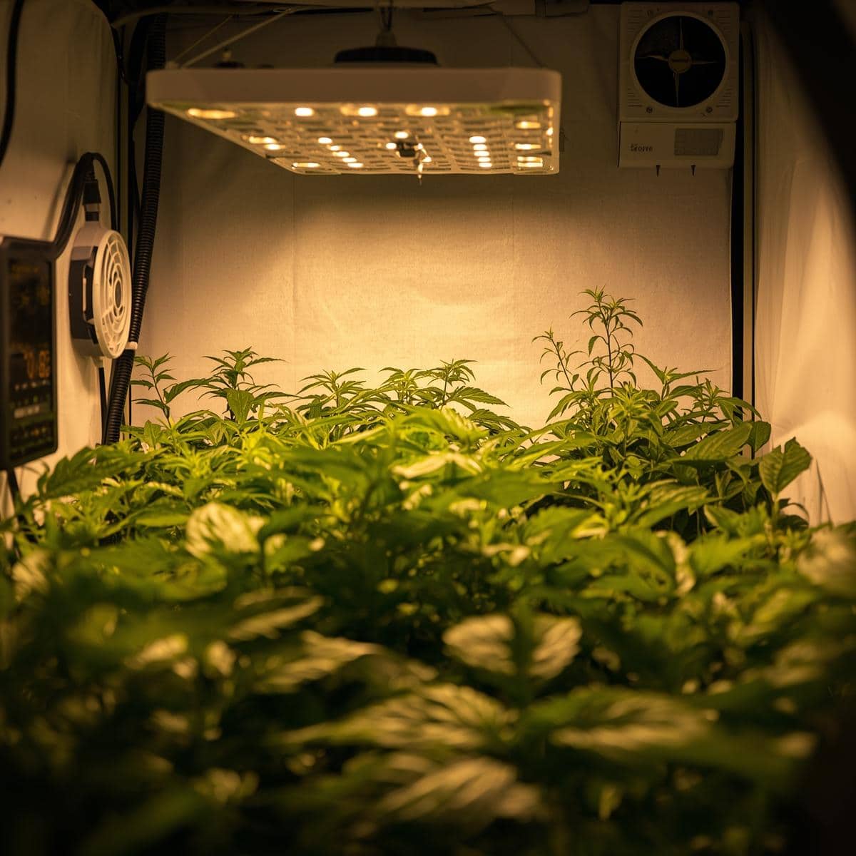 An indoor garden setup featuring plants growing under LED grow lights in a well-organized grow tent