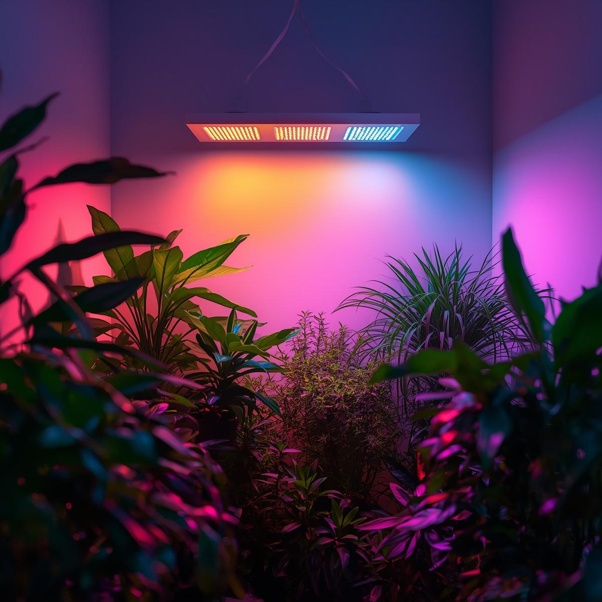 A bright modern indoor garden setup with various plants illuminated by full-spectrum LED grow lights. Clean minimalistic background, natural glow, visible red and blue tones blending into white light, realistic photo, cozy home interior style