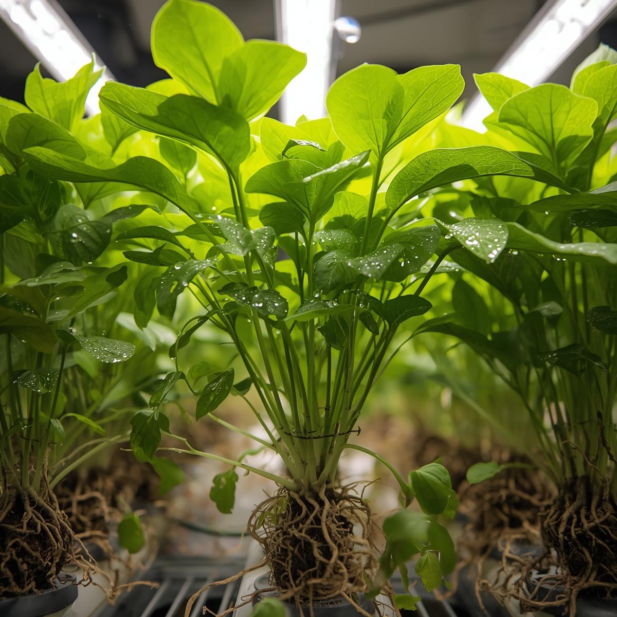 Vertical hydroponic greenhouse with rows of leafy greens growing under LED lights in a climate-controlled environment