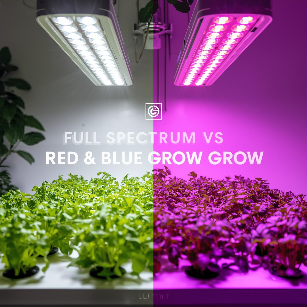 full spectrum LED grow lights, showing lush green plants like lettuce and herbs growing in nutrient trays