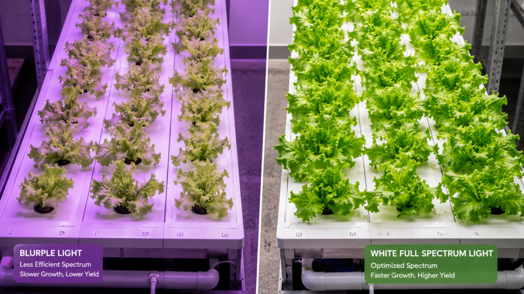 Side-by-side hydroponic lettuce growth comparison under full spectrum LED and red blue blurple grow lights