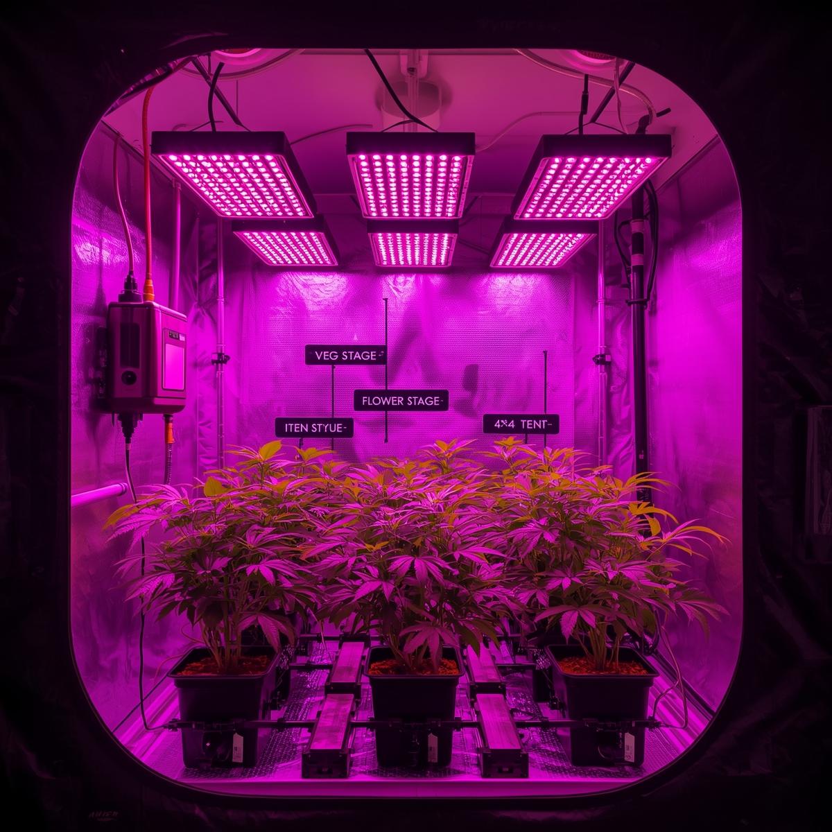 indoor hydroponic setup illuminated by multiple LED grow lights