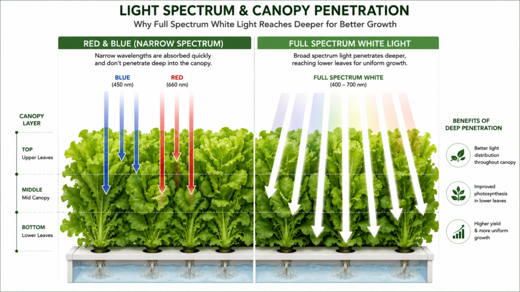 Diagram showing deeper canopy light penetration under full spectrum LEDs compared to red blue blurple grow lights