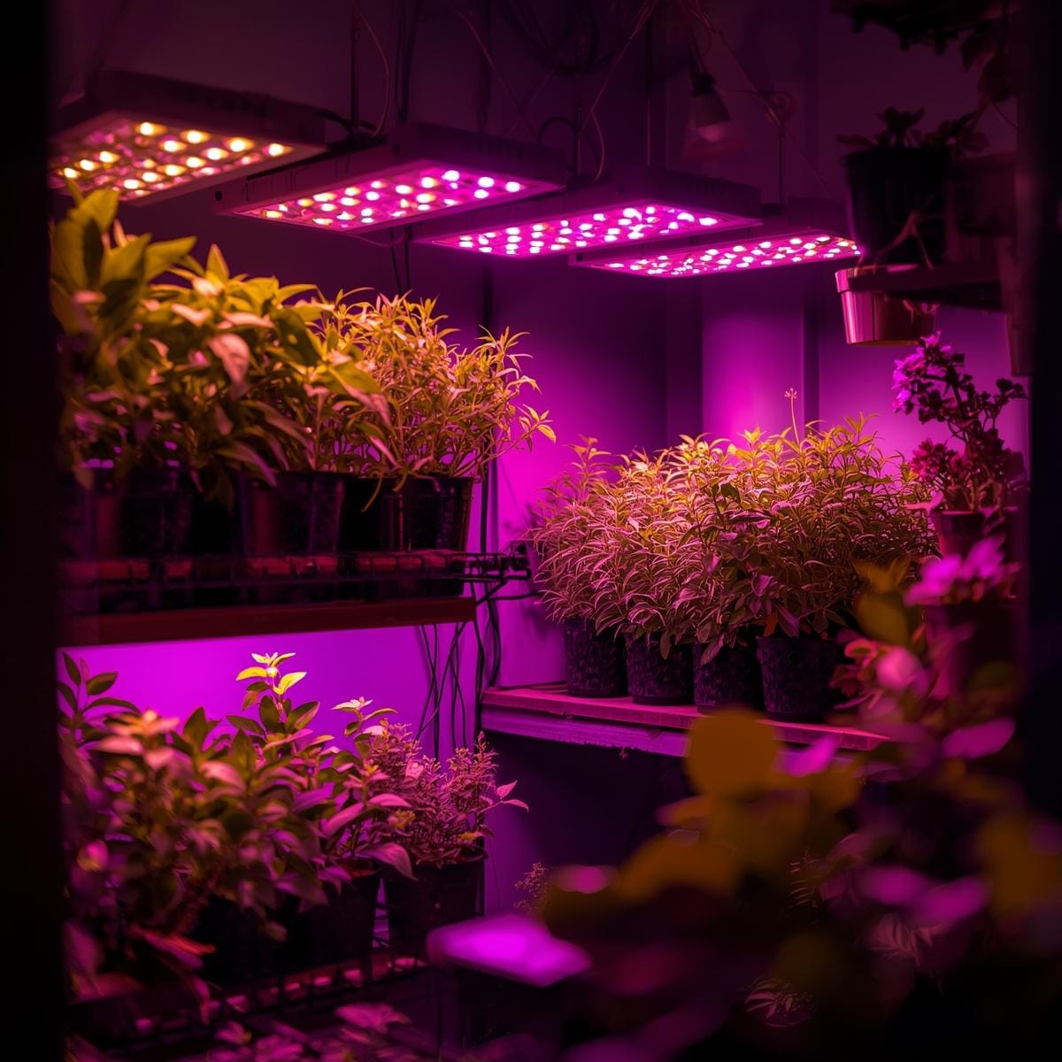 Cozy small-space indoor garden with various LED grow lights illuminating herbs and succulents on shelves