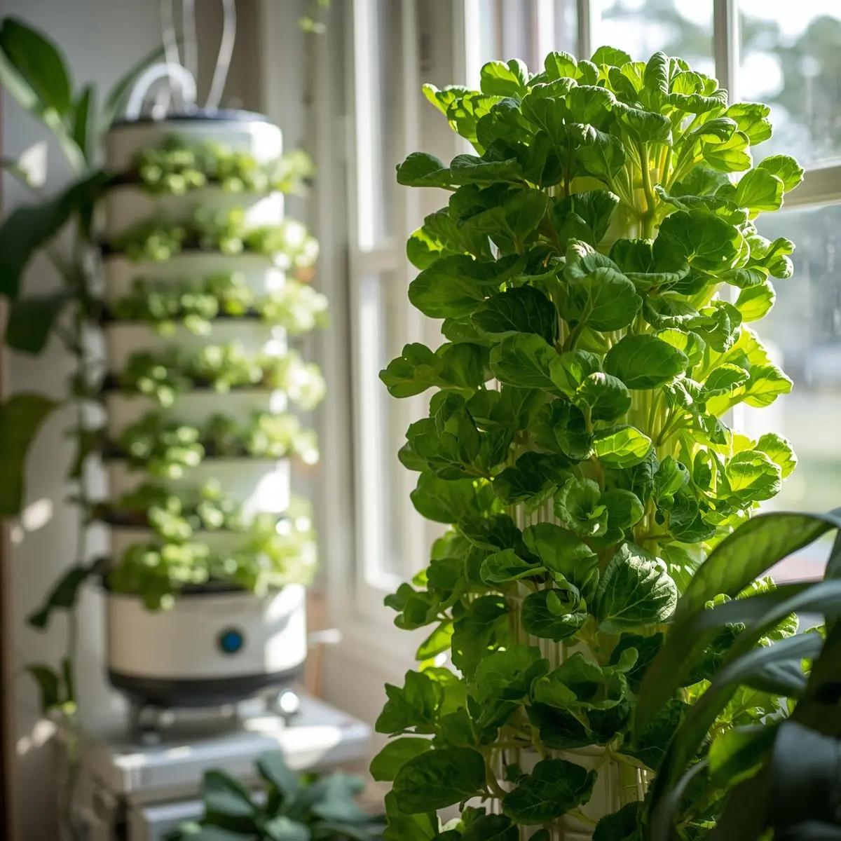 Vertical hydroponic garden with DIY tower and hydroponic lettuce tower setup.