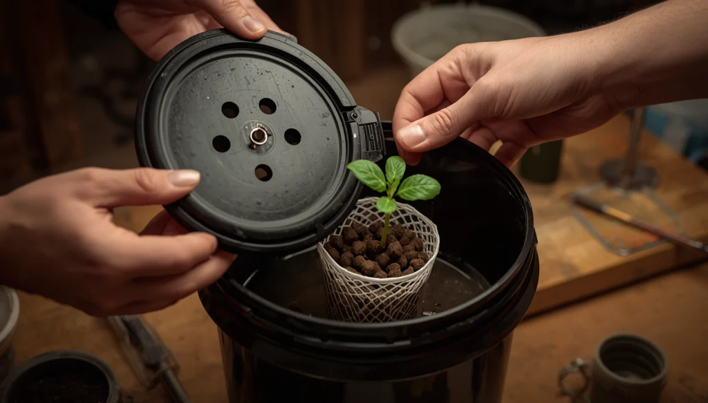 DIY deep water culture hydroponic system being assembled with net pots, clay pebbles, and seedling ready for home growing