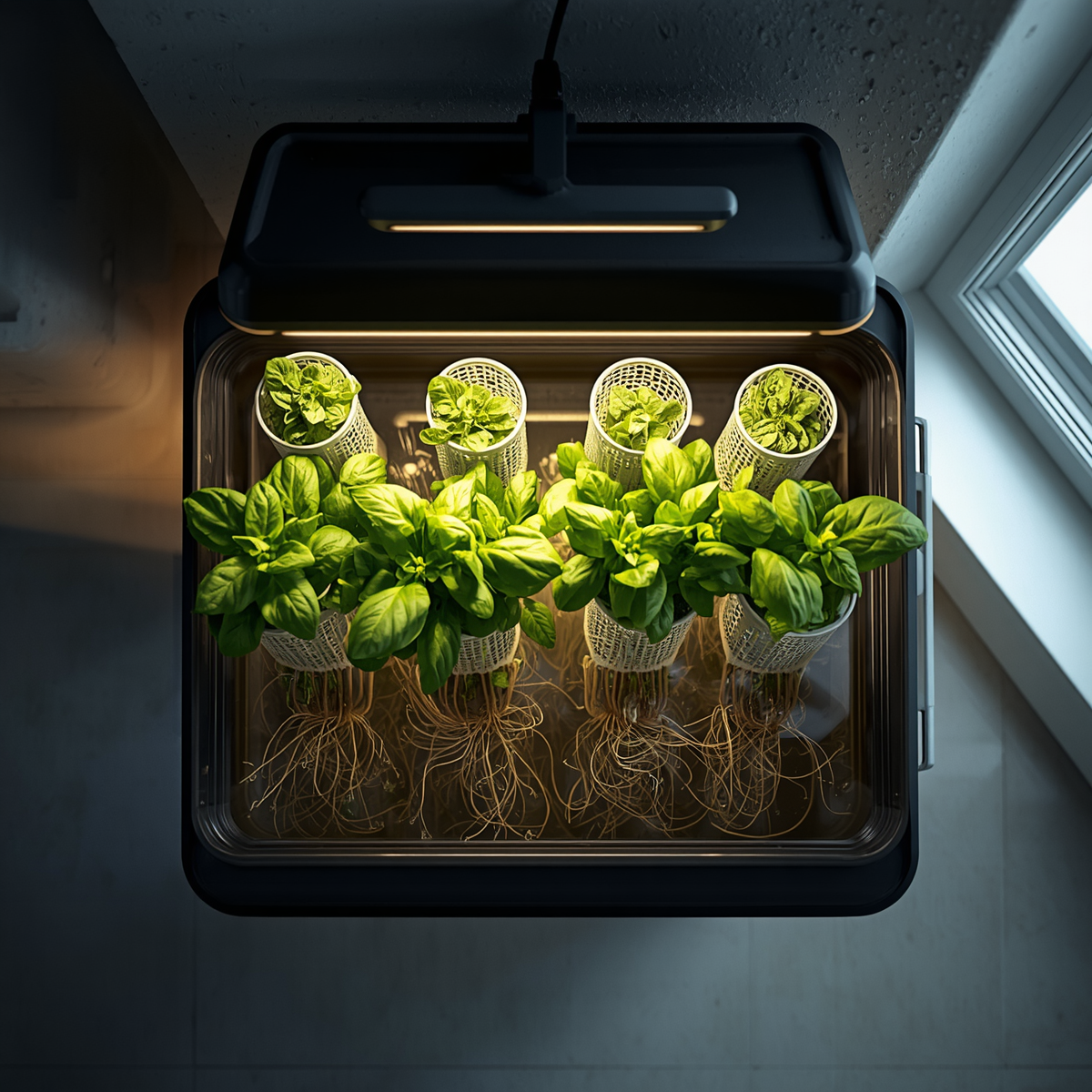 Home hydroponic gardening setup with lettuce and basil growing in a deep water culture system under LED grow lights