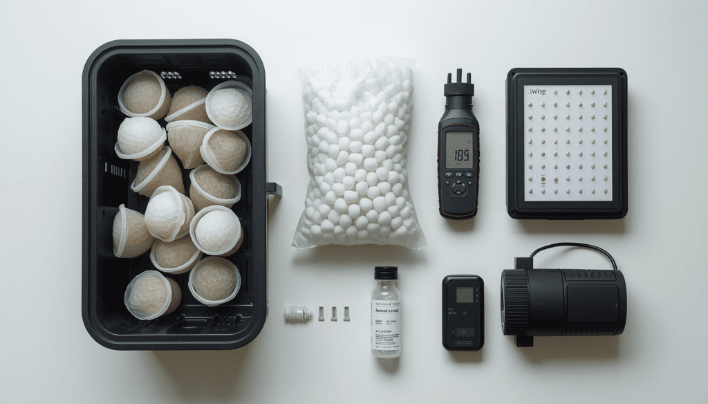 Essential home hydroponic gardening equipment including pH meter, net pots, clay pebbles, nutrient solution, and LED grow light