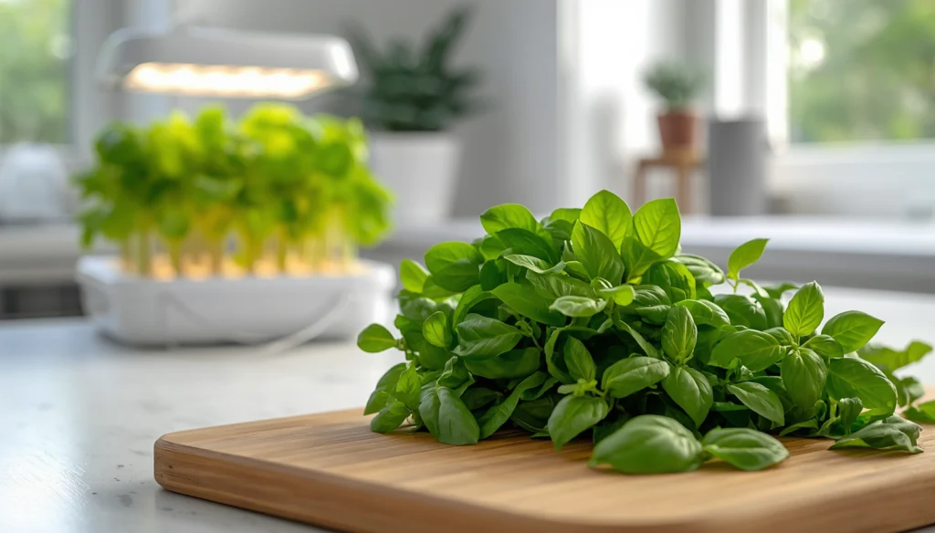 Fresh lettuce and basil harvested from a home hydroponic garden displayed on a kitchen cutting board