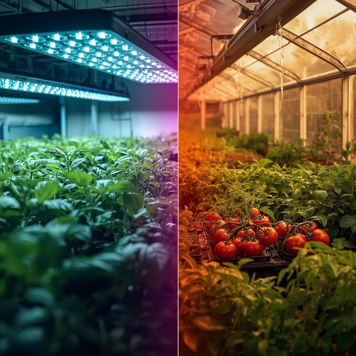 indoor led setup glowing softly under cool white LED lights; on the other, a bright greenhouse filled with tomatoes and herbs under full-spectrum LEDs.
