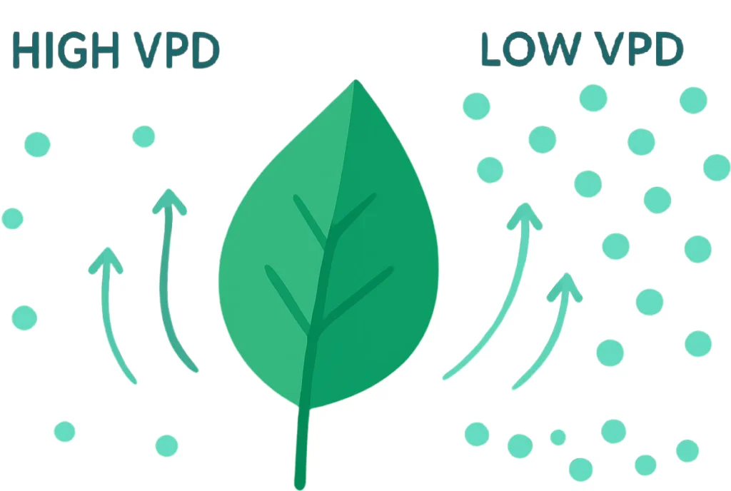 Diagram explaining vapor pressure deficit — comparing high VPD dry air versus low VPD humid air around a plant leaf