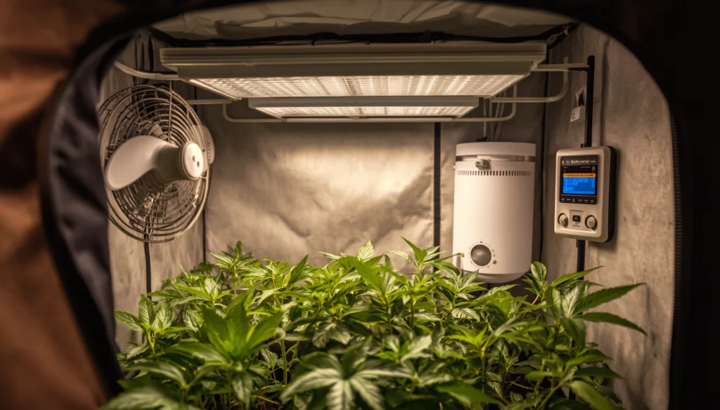 Grow tent setup with humidifier and fan for managing vapor pressure deficit indoors
