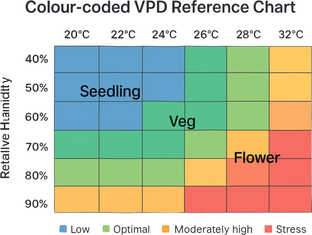 VPD chart showing optimal vapor pressure deficit ranges for seedling, vegetative, and flowering stages by temperature and humidity