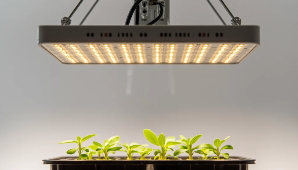 Budget quantum board LED grow light above seedling tray showing PPFD coverage