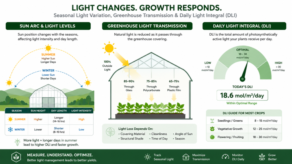 DLI target comparison chart for greenhouse crops showing seasonal light deficits