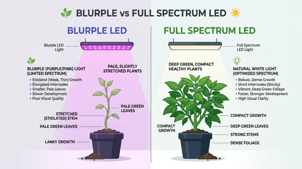 Full spectrum LED grow lights compared to blurple LED showing plant growth difference