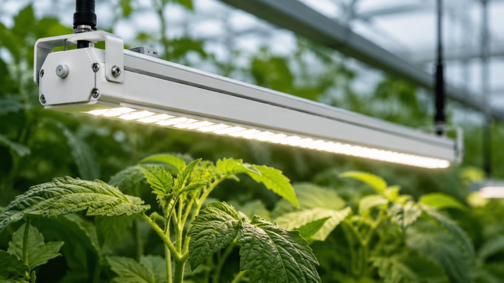 High-efficiency LED greenhouse grow light fixture with measured PPFD distribution