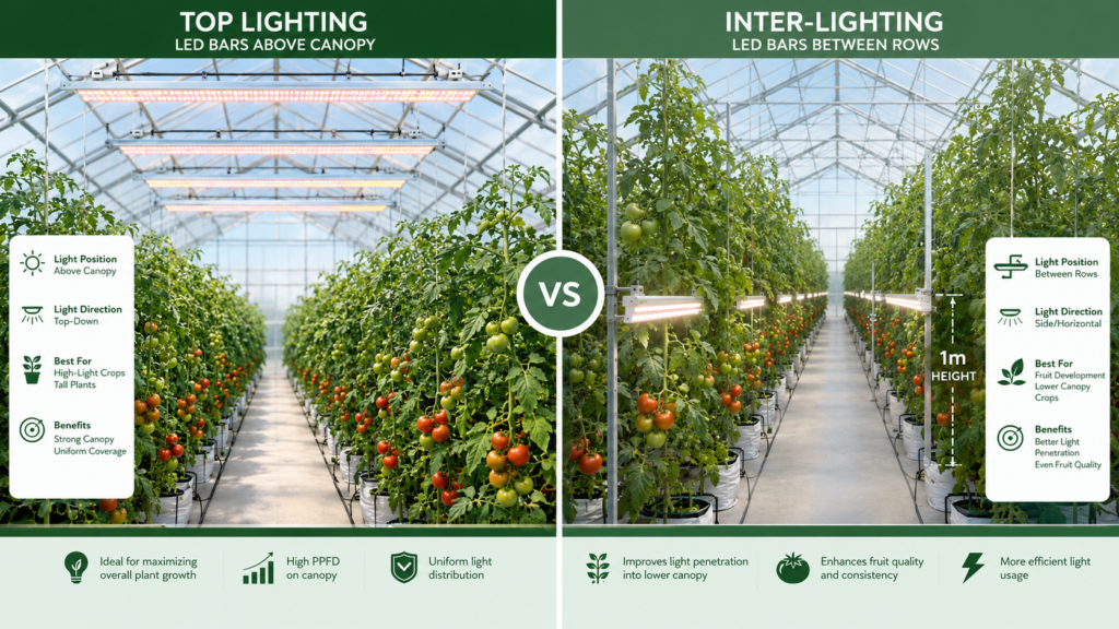 Comparison of greenhouse top lighting vs inter-lighting LED bar placement for tomato crops