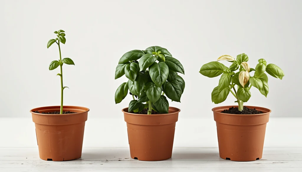 Three seedlings showing indoor LED grow light problems: etiolated stretching from low light, healthy growth at correct distance, and bleaching from excessive intensity