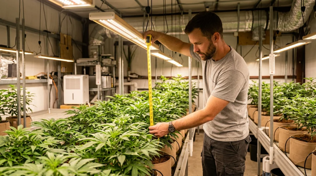 Measuring LED grow light hanging height above plant canopy for optimal PPFD distribution