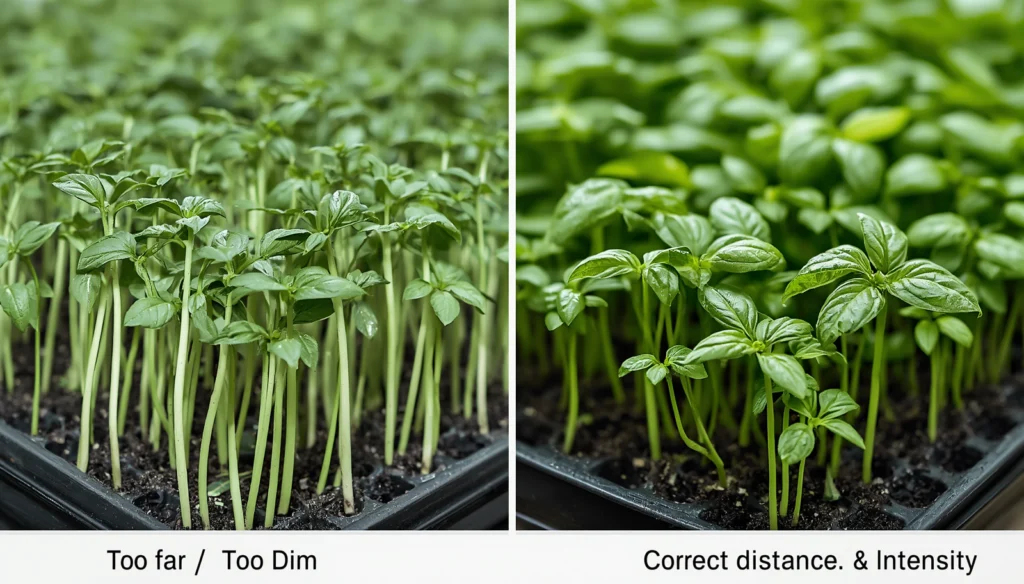 Comparison of leggy stretched seedlings from insufficient grow light intensity versus compact healthy seedlings under correct LED setup