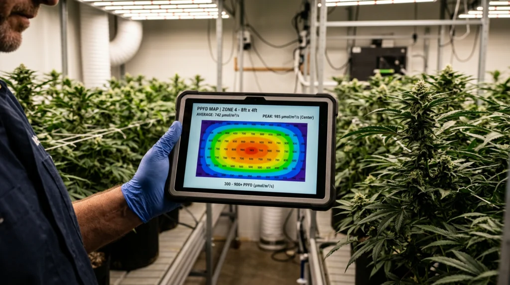 PPFD map showing LED grow light coverage distribution for indoor hydroponic grow space