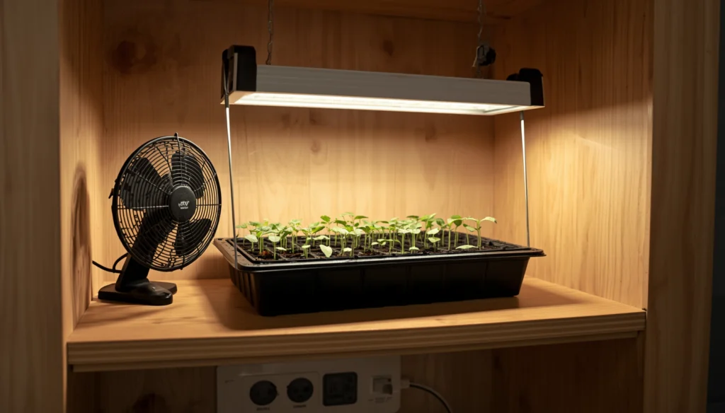 Complete grow light setup for seedlings showing LED bar light, adjustable hangers, clip-on fan, and timer on a propagation shelf