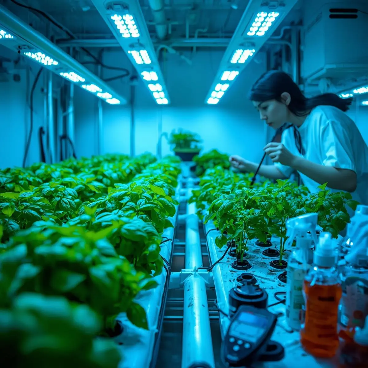 Maintaining an indoor hydroponic herb garden with healthy basil and mint