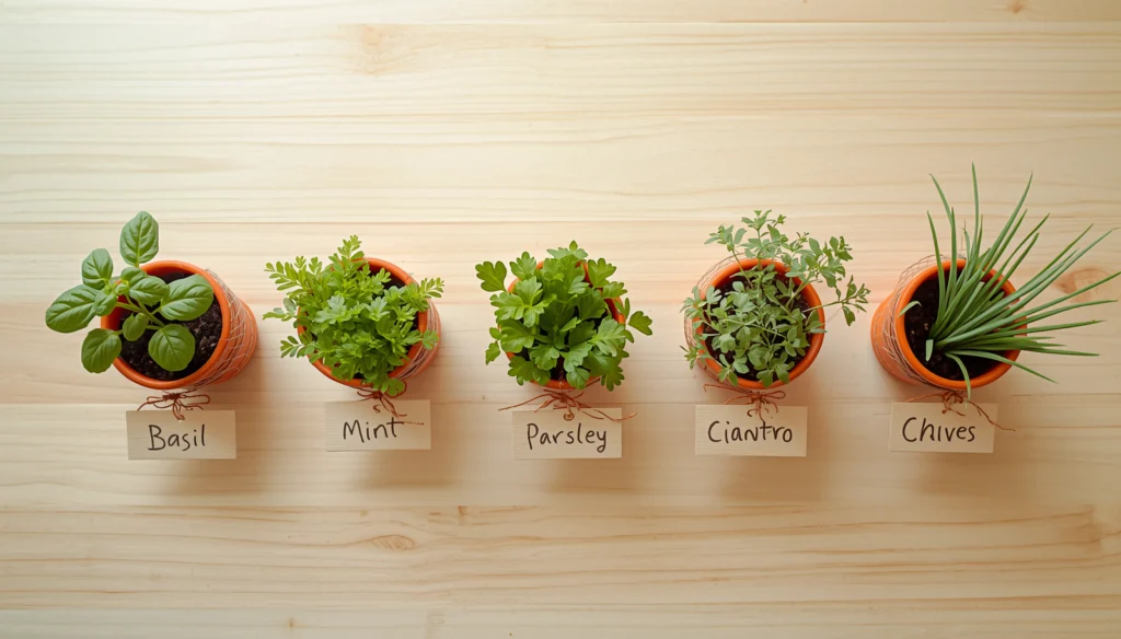 Five best herbs for hydroponic gardening kits including basil, mint, parsley, cilantro, and chives growing in net pots