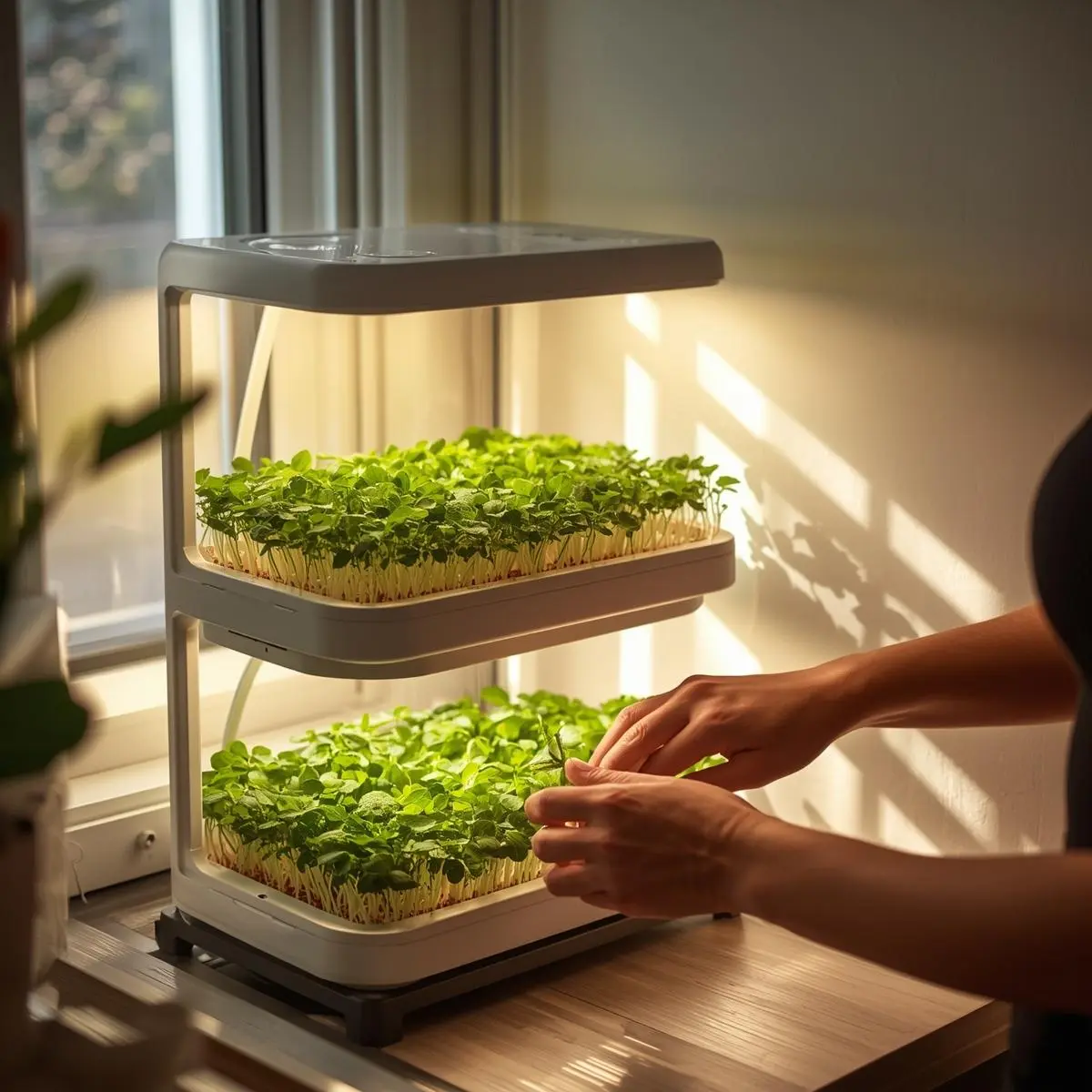 Indoor hydroponic microgreens growing under LED lights in a compact home setup.