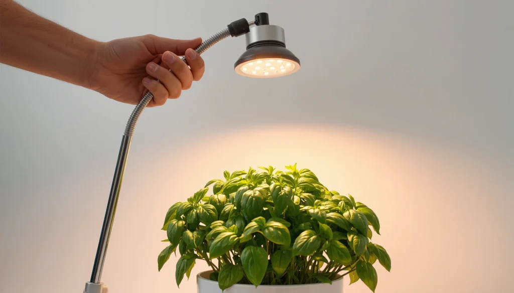 Adjustable LED grow light arm on a hydroponic gardening kit for herbs with basil growing underneath