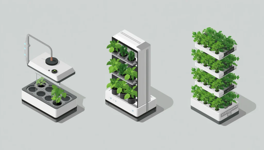 Three hydroponic gardening kits for herbs shown side by side: budget countertop system, mid-range pod garden, and premium vertical tower