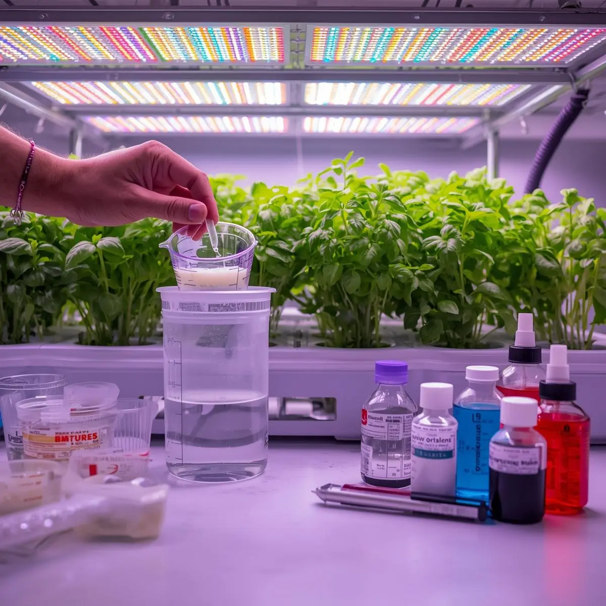 Mixing nutrient solution for hydroponic herbs under LED grow lights