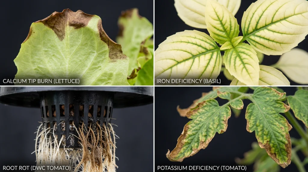 Four common hydroponic plant health problems including calcium deficiency, iron deficiency, root rot, and potassium deficiency