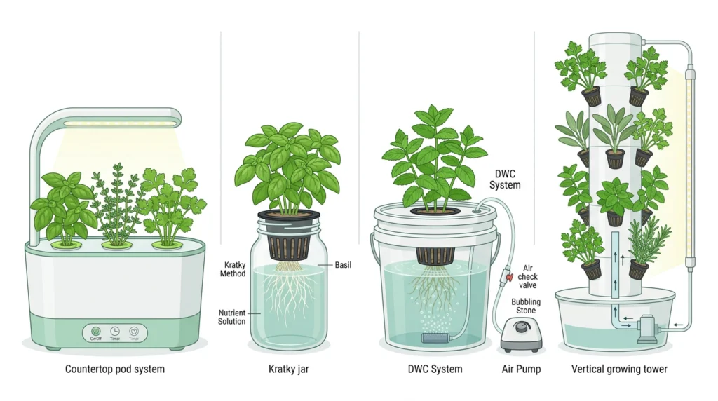 Four indoor hydroponic herb garden systems compared side by side: countertop pod system, Kratky jar, DWC bucket, and vertical tower
