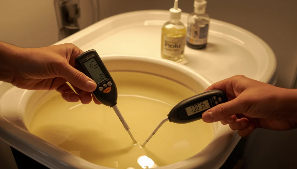 Testing pH and EC of nutrient solution in an indoor hydroponic herb garden system with digital meters