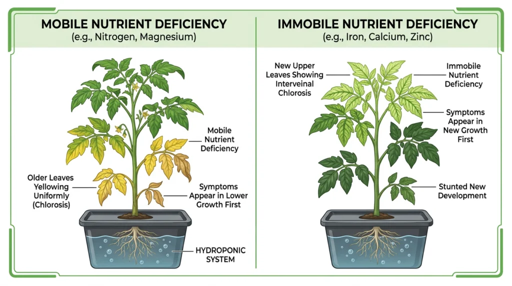 Comparison of mobile and immobile nutrient deficiency symptoms in hydroponic plants