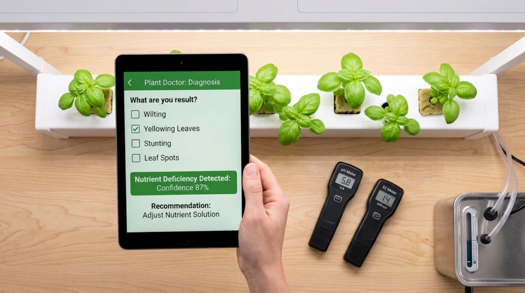  Grower using plant health diagnosis tool on tablet beside hydroponic NFT system