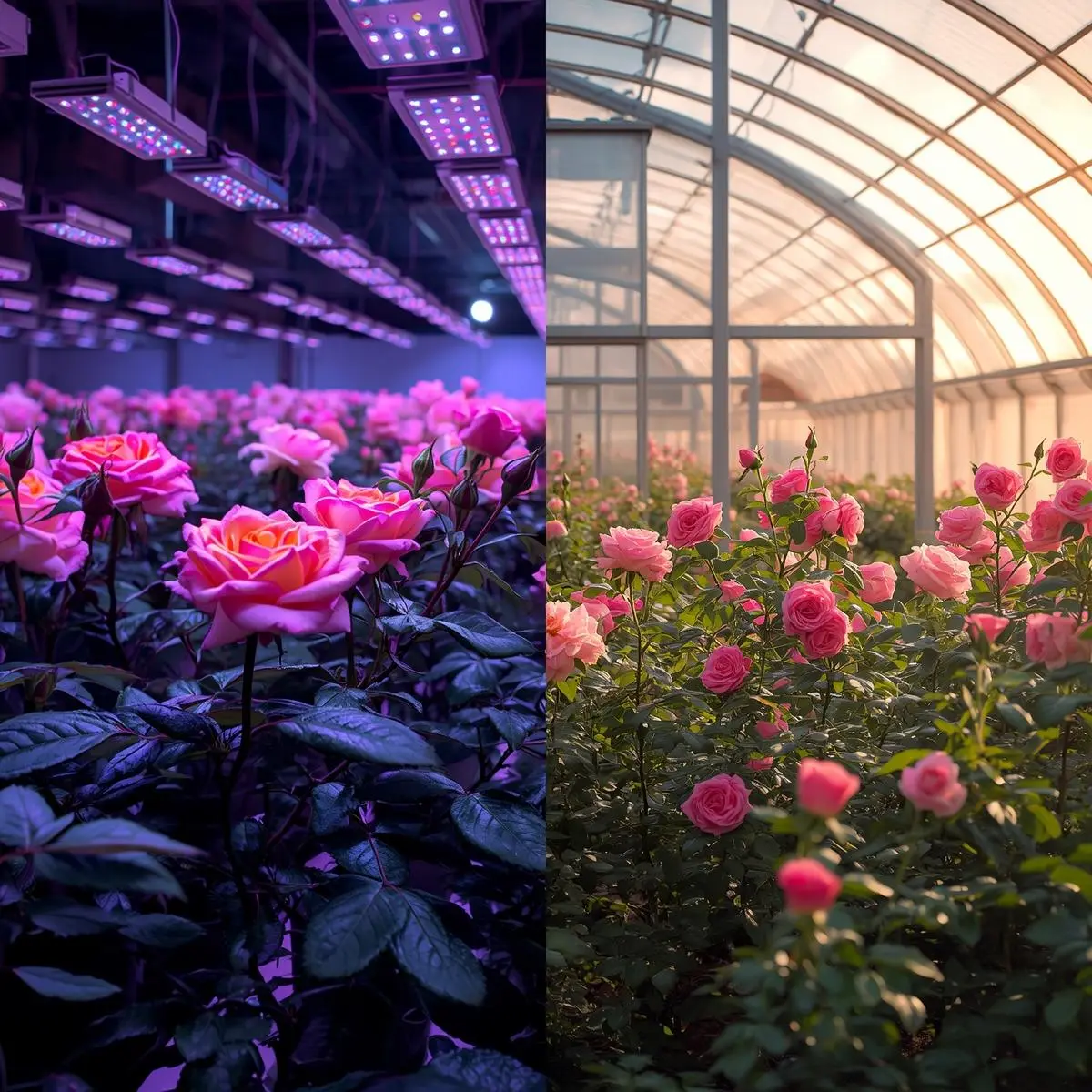 Indoor vs greenhouse hydroponic roses growing under controlled and natural light